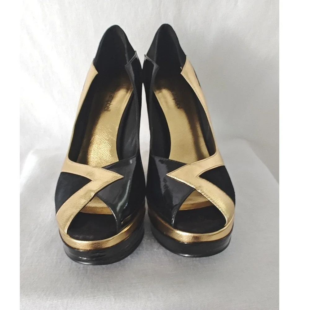 Jeffrey Campbell Bad Girl Platform Pumps Black Gold Metallic Peep Toe Heel 9
